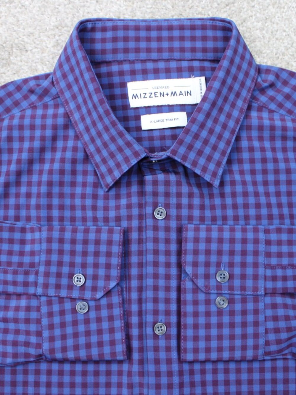 Mizzen + Main Shirt Mens XL Blue/Purple Check Trim Fit Leeward Poly Stretch L/S